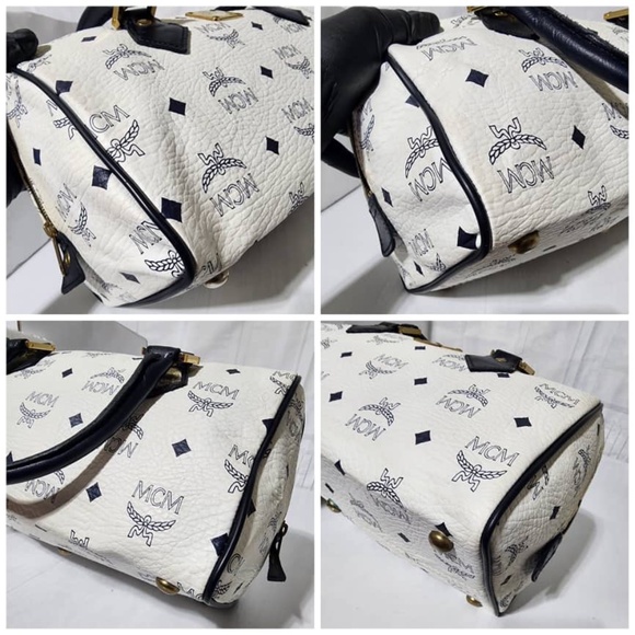 Authentic MCM Vintage Coated Canvas visetos Handle Bag Navy Blue/White - Picture 12 of 14